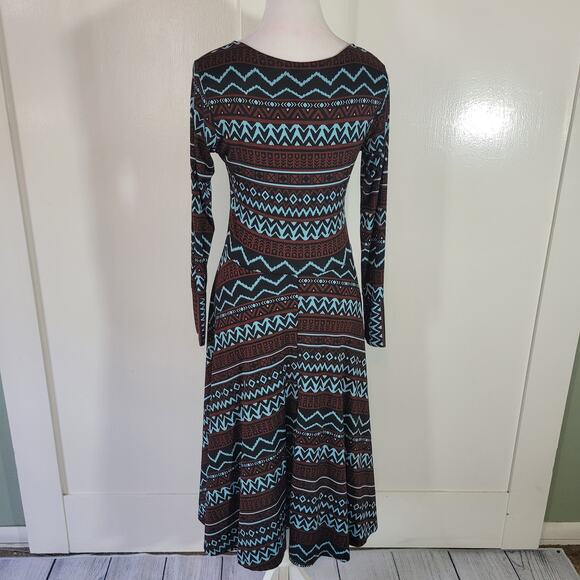 Casa Lee Size M Long Sleeve Geometric Bodycon Midi Dress V-Neck Teal Brown - Picture 5 of 11